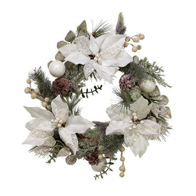 20" White Poinsettia Wreath with Pine Cones