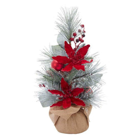 18" Flocked Tree with Berries and Poinsettia in Burlap Base