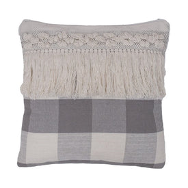 18" x 18" Gray Plaid Fringe Cotton Pillow
