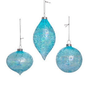 80MM Blue Finial, Onion, and Ball Glass Ornaments Set of 3