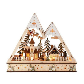 11.4" Battery-Operated Wooden Light Up Mountain Village with Santa