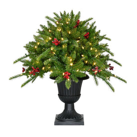 36" Potted Artificial Pine Evergreen Bush with Berries and Warm White LED Lights in Black Urn