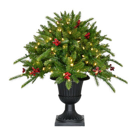 24" Potted Artificial Pine Evergreen Bush with Berries and Warm White LED Lights in Black Urn