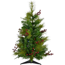 2' Pre-Lit Mixed Pine and Red Berry Accent Tree with Battery-Operated Multi-Color LED Lights
