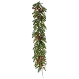9' Artificial Pine Garland with Pine Cones, Red Berries, and Warm White LED Lights
