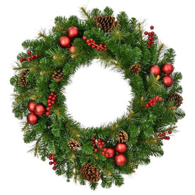 Artificial Wreath Joyful with Berries Pinecones and Ornaments 30DIA Inch Green/Red Christmas