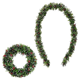 Artificial Wreath Boxwood with Berries and 9 Foot Snowy Garland Set Green Christmas