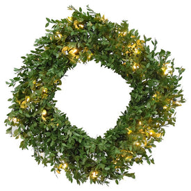 Artificial Wreath Square Boxwood Warm White Battery Operated LED Lights 24DIA Inch Green Christmas
