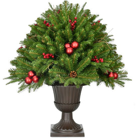 Artificial Tree Joyful In Pedestal Urn Berries Pinecones Ornaments 2.5H Feet Green/Red Christmas