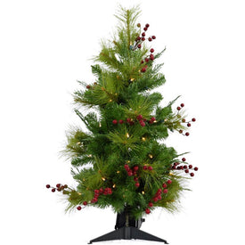 2' Pre-Lit Mixed Pine and Red Berry Accent Tree with Battery-Operated LED Lights