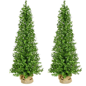 4' Unlit Artificial Boxwood Trees in Burlap Bags without Lights Set of 2