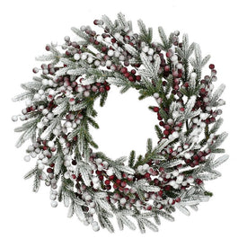 25" Unlit Flocked Pine Christmas Wreath with Red Berries
