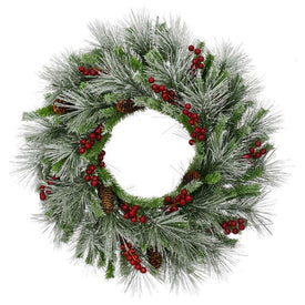 Artificial Wreath Lightly Flocked Pine with Red Berries and Pinecones 25DIA Inch Green Christmas