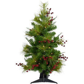 4' Pre-Lit Mixed Pine and Red Berry Accent Tree with Warm White LED Lights