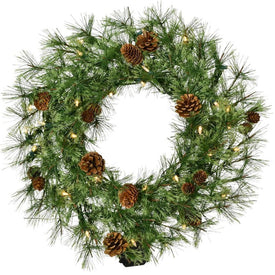 24" Artificial Pine Wreath with Pine Cones and Warm White Battery-Operated LED Lights