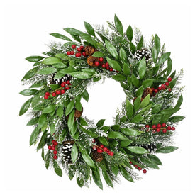 Artificial Wreath Mixed Leaf with Red Berries and Pinecones 25DIA Inch Green Christmas
