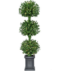4' Pre-Lit Artificial Boxwood Three-Ball Topiary in Black Pot with Battery-Operated Warm White LED Lights