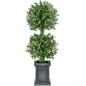 3' Pre-Lit Artificial Boxwood Two-Ball Topiary in Black Pot with Battery-Operated Warm White LED Lights