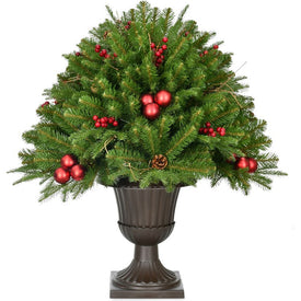 Artificial Tree Joyful In Pedestal Urn Berries Pinecones Ornaments 3H Feet Green/Red Christmas