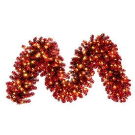 9' x 18" Pre-Lit Red Tinsel Garland with 200 Warm White Dura-Lit Mini Lights