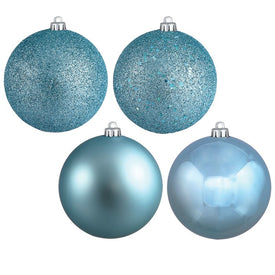 10" Baby Blue Four-Finish Assorted Ball Ornaments with Drilled Caps 4 Per Bag