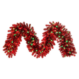 9' x 18" Pre-Lit Artificial Red Tinsel Garland with 200 Red and Green Dura-Lit Mini Lights