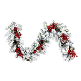 6' x 16" Pre-Lit Artificial Red/Silver Flocked Garland with Battery-Operated Pure White LED Lights
