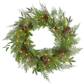 24" Pre-Lit Cedar Pine Cone Twig Wreath with 35 Battery-Operated 35 Warm White LED Lights
