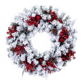 30" Unlit Artificial Flocked Red/Silver Wreath with 124 Tips