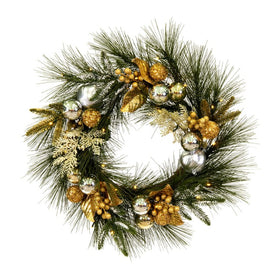 24" Pre-Lit Artificial Gold/Silver Wreath with 35 Battery-Operated Warm White LED Lights