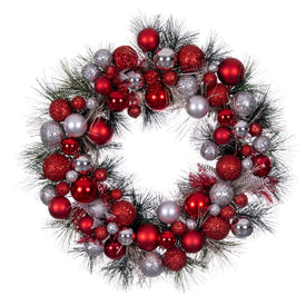 22" Unlit Artificial Red/Silver Decorative Wreath