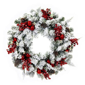 30" Pre-Lit Artificial Flocked Red/Silver Wreath with 50 Battery-Operated Pure White LED Lights