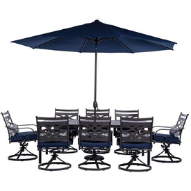 Montclair 9-Piece Dining Set with 8 Swivel Rockers, 42" x 84" Table, 11 Ft. Umbrella and Umbrella Stand