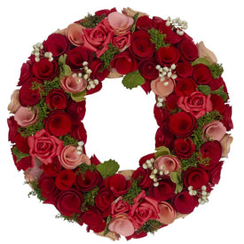 12" Red and Pink Wooden Rose with White Berries Artificial Wreath