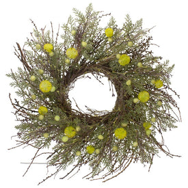 20" Yellow and Green Burrs and Craspedia Artificial Twig Wreath