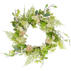 28" Green and Pink Hydrangea and Fern Spring Floral Berry Wreath