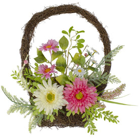 17" Pink and Yellow Chrysanthemum and Daisy Twig Basket Wreath Spring Decor