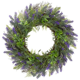 24" Purple Lavender and Spring Foliage Artificial Floral Wreath