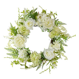 24" White and Green Peony and Rose Artificial Spring Wreath