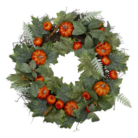 24" Orange Maple and Fern Leaves with Pumpkins Artificial Wreath