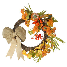 20" Unlit Orange Pumpkins and Berries with Bow Artificial Wreath