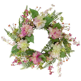 20" Pink Hydrangea Berry and Fern Artificial Spring Floral Wreath