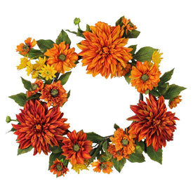 22" Orange Mums and Daisies Twig Artificial Floral Wreath