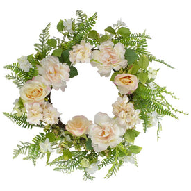 24" Pink Rose and Peony Fern Artificial Floral Spring Wreath