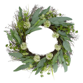23" Green and White Olive Leaf and Floral Twig Spring Wreath