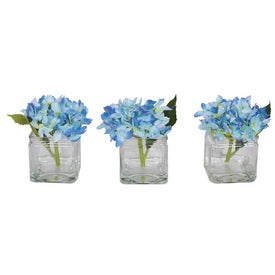 5" Artificial Blue Hydrangea in Glass Cubes Set of 3