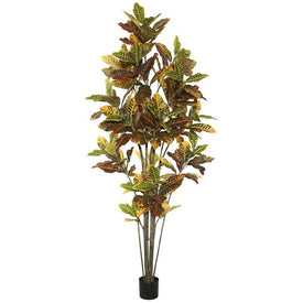 7' Artificial Green and Orange Croton Tree with 192 Leaves in Plastic Pot