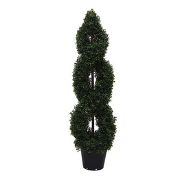 4' Artificial UV-Resistant Boxwood Double Spiral-Shaped Topiary in Plastic Pot
