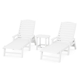 Nautical Three-Piece Chaise Lounge with Arms Set with South Beach 18" Side Table - White