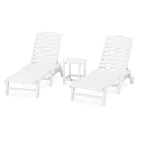 Nautical Three-Piece Chaise Lounge with Wheels Set with South Beach 18" Side Table - White